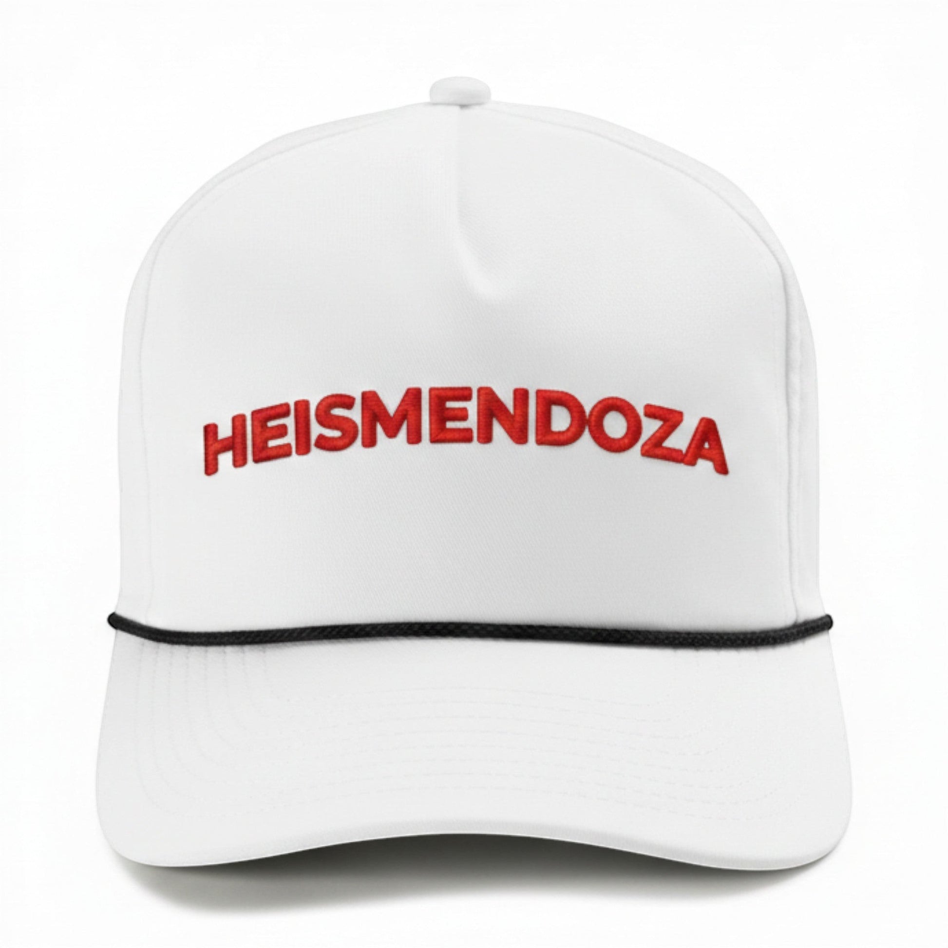 Mad Capper white trucker hat with red embroidered "HEISMENDOZA" text and black rope detail.