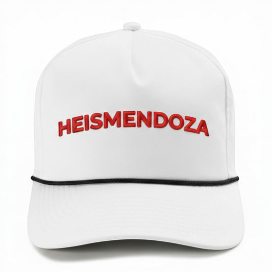 Mad Capper white trucker hat with red embroidered "HEISMENDOZA" text and black rope detail.