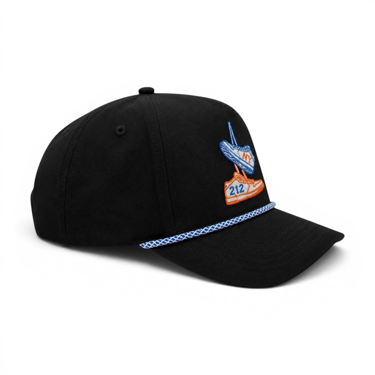 Mad Capper black structured snapback hat with embroidered sneakers, NY, and 212 detail, blue rope accent.