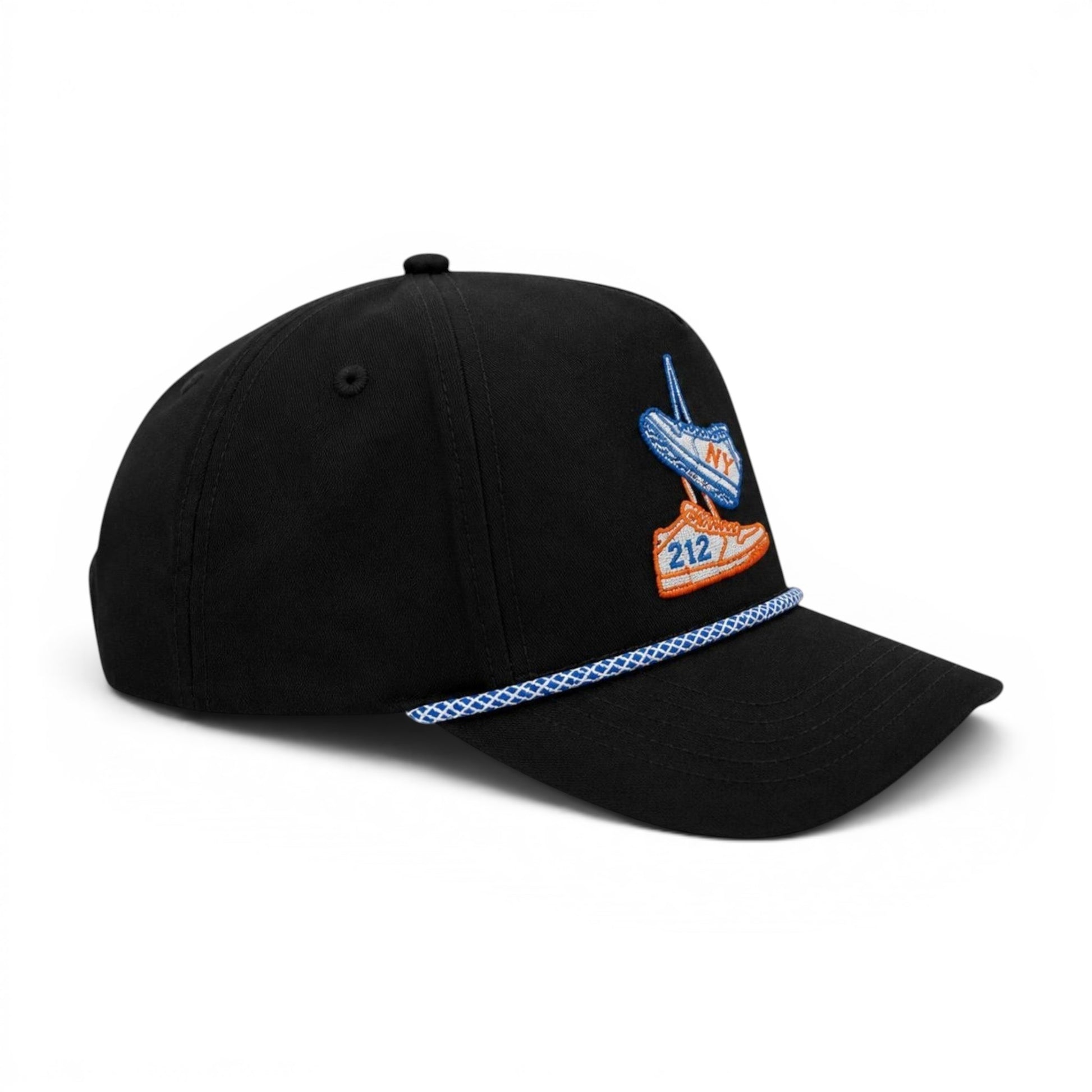 Mad Capper black structured snapback hat with embroidered sneakers, NY, and 212 detail, blue rope accent.