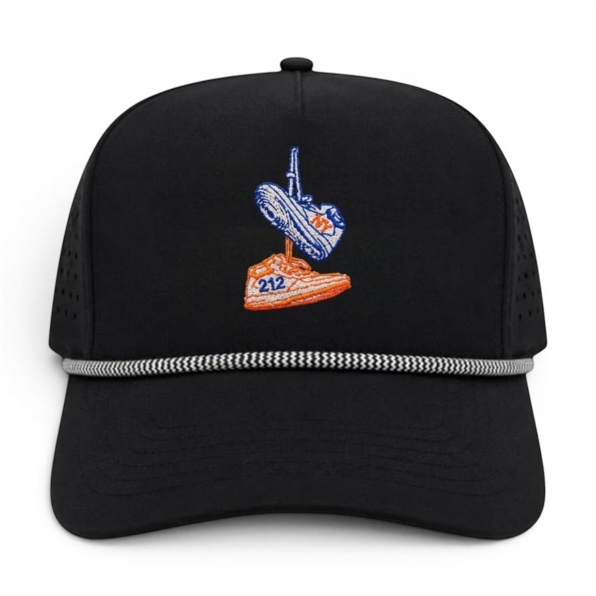 Mad Capper black structured snapback hat with embroidered sneakers, NY, and 212 detail. Features a blue rope accent.