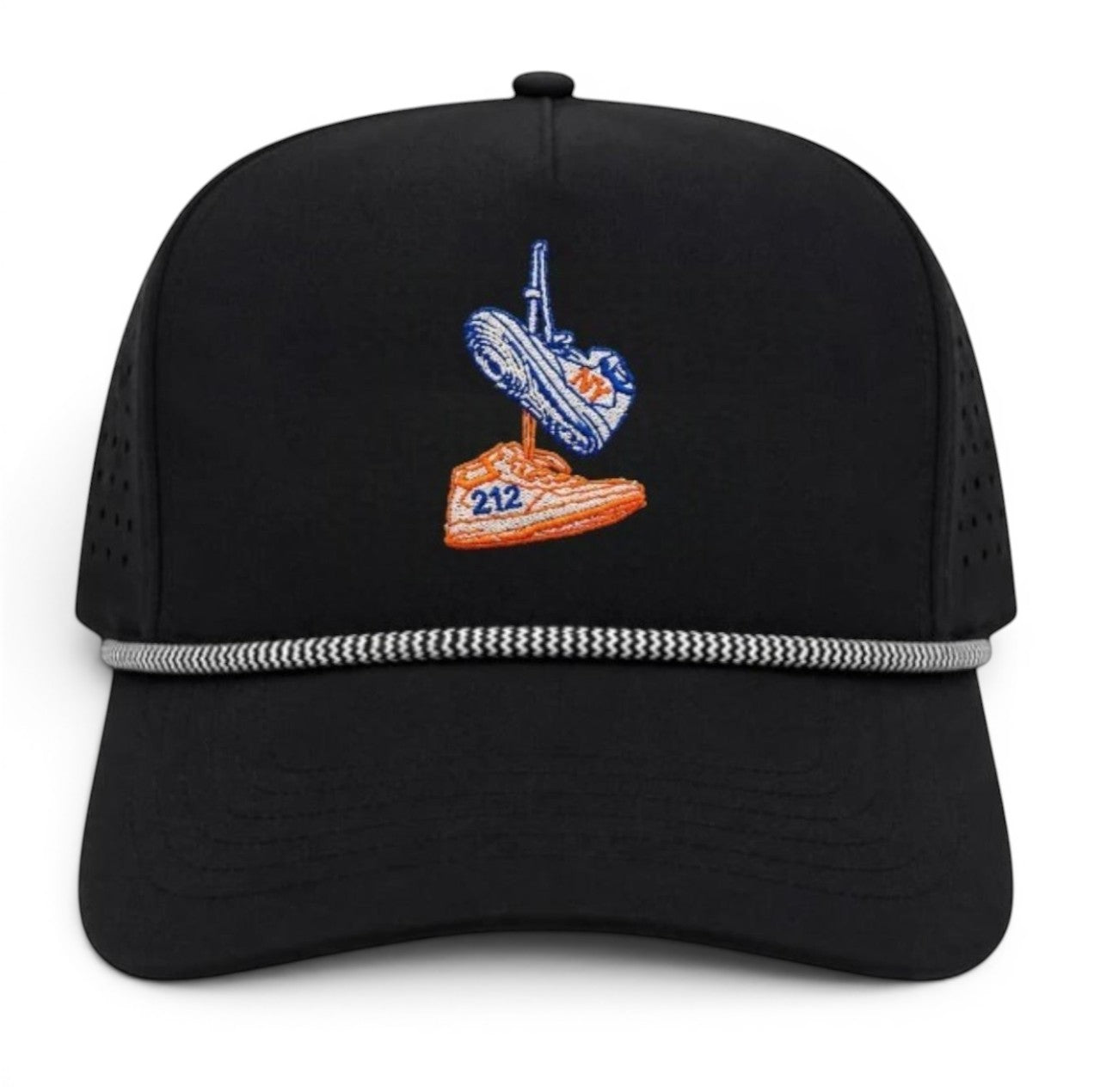 Mad Capper black structured snapback hat with embroidered sneakers, NY, and 212 detail. Blue rope accent.