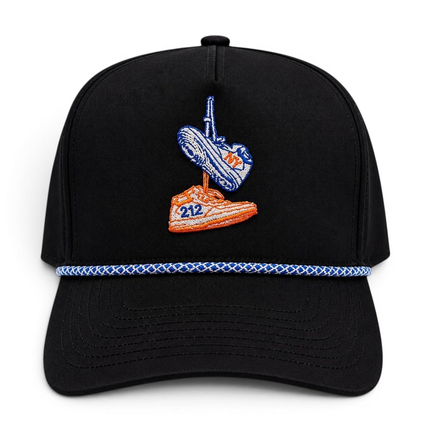 Mad Capper black structured snapback hat with embroidered sneakers, NY, and 212 detail, and blue rope trim.