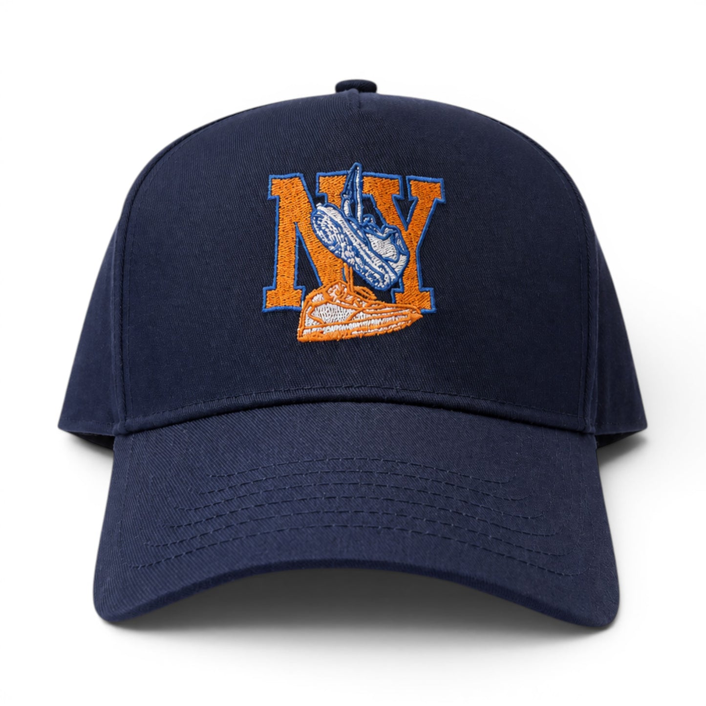 Mad Capper navy blue structured snapback hat with embroidered NY and sneakers graphic. Blue rope detail.