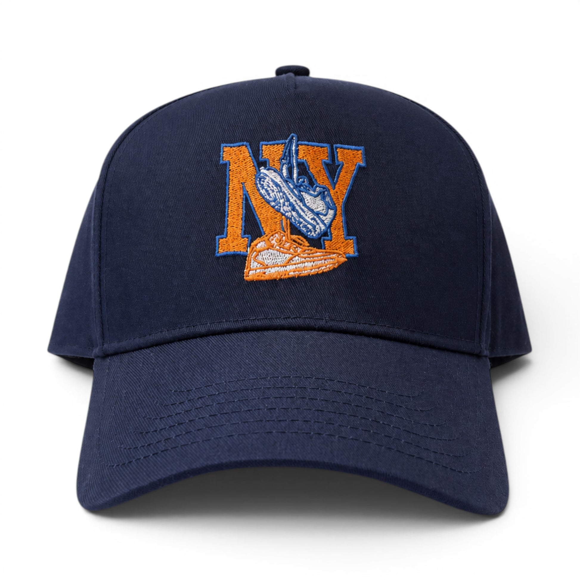 Mad Capper navy blue structured snapback hat with embroidered NY and sneakers graphic. Blue rope detail.