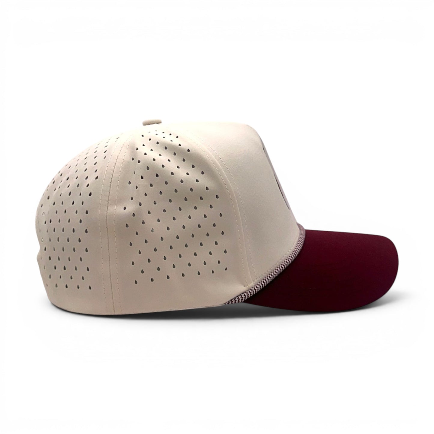 Mad Capper cream and maroon rope trucker hat with perforated side panels and embroidered dog logo.