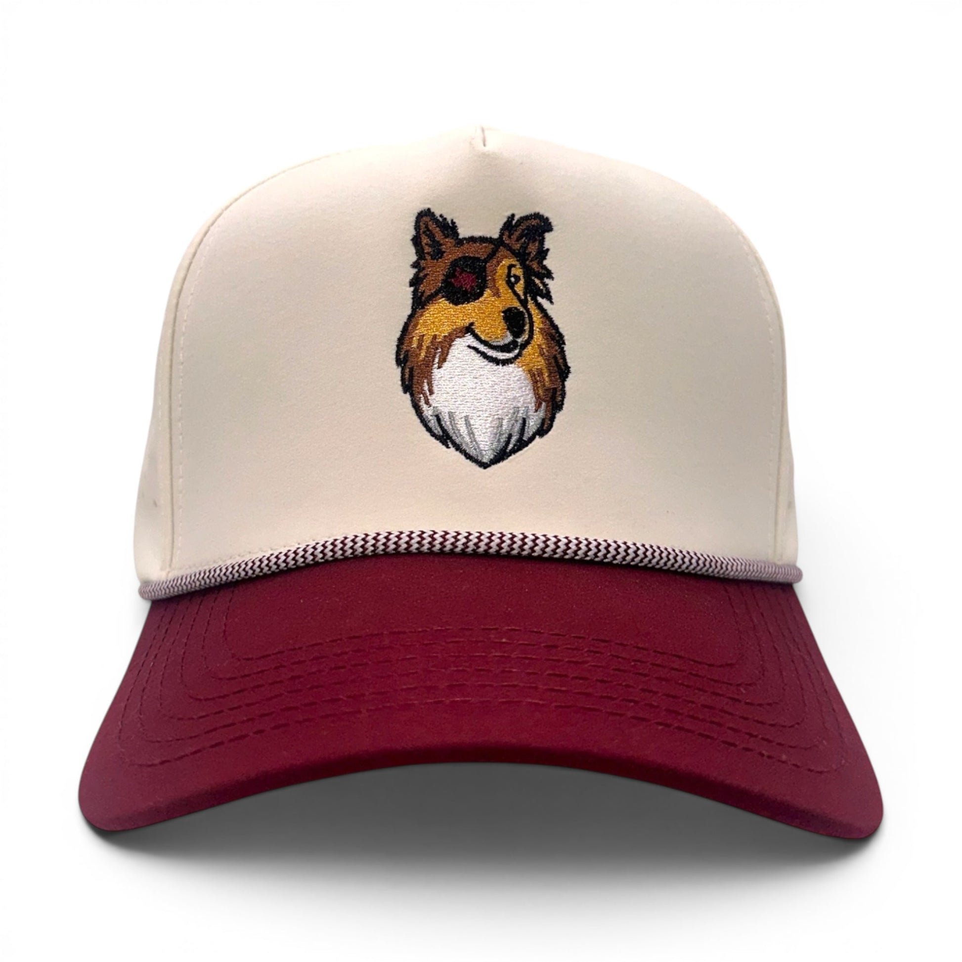 Mad Capper maroon and cream rope trucker hat with embroidered dog logo and adjustable snapback