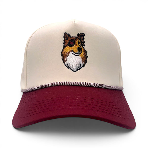 Mad Capper maroon and cream rope trucker hat with embroidered dog logo and adjustable snapback