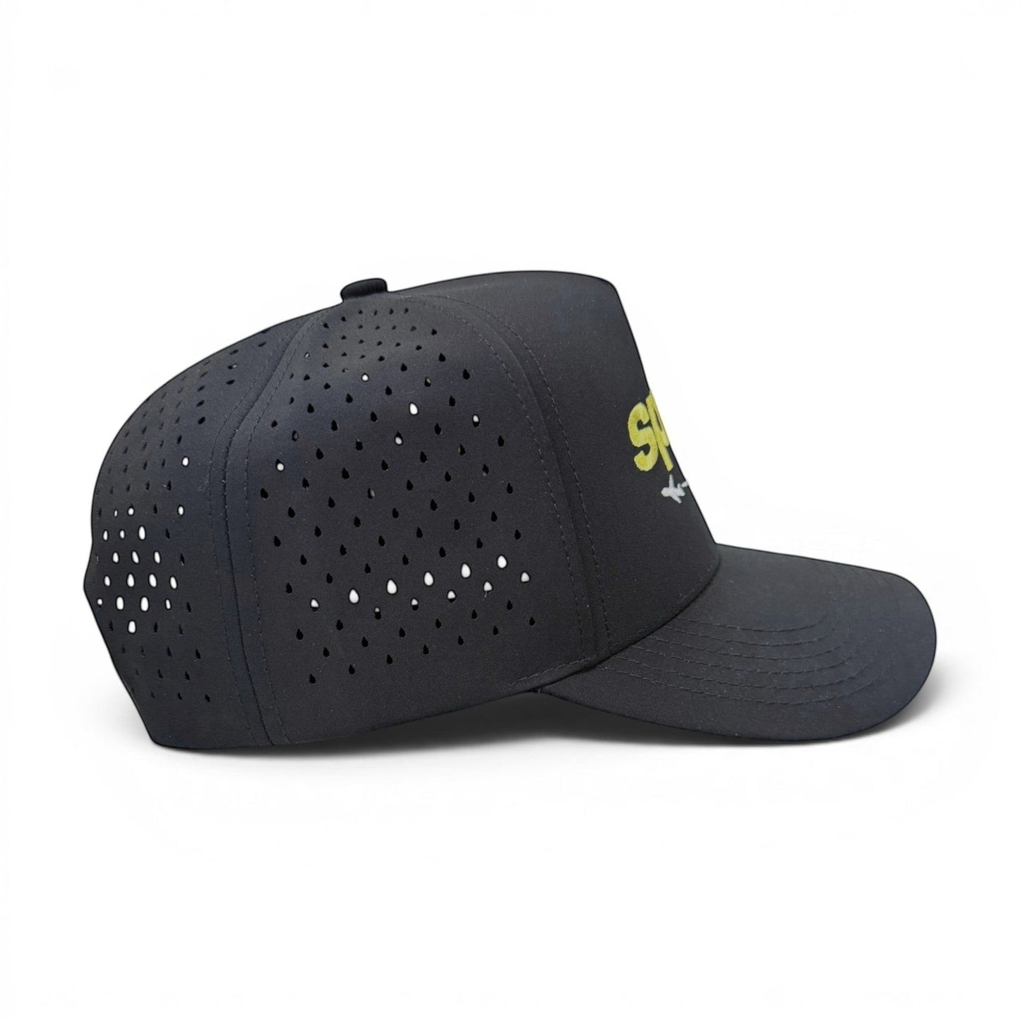 Mad Capper black baseball cap with yellow Spirit logo and "Million Miler" text, featuring perforated sides and curved brim.