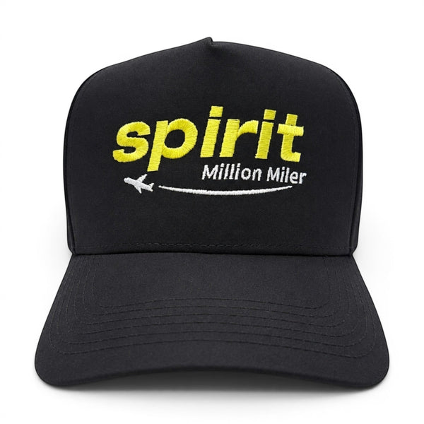 Mad Capper black Spirit Airlines Million Miler cap with yellow embroidered logo and white airplane graphic.