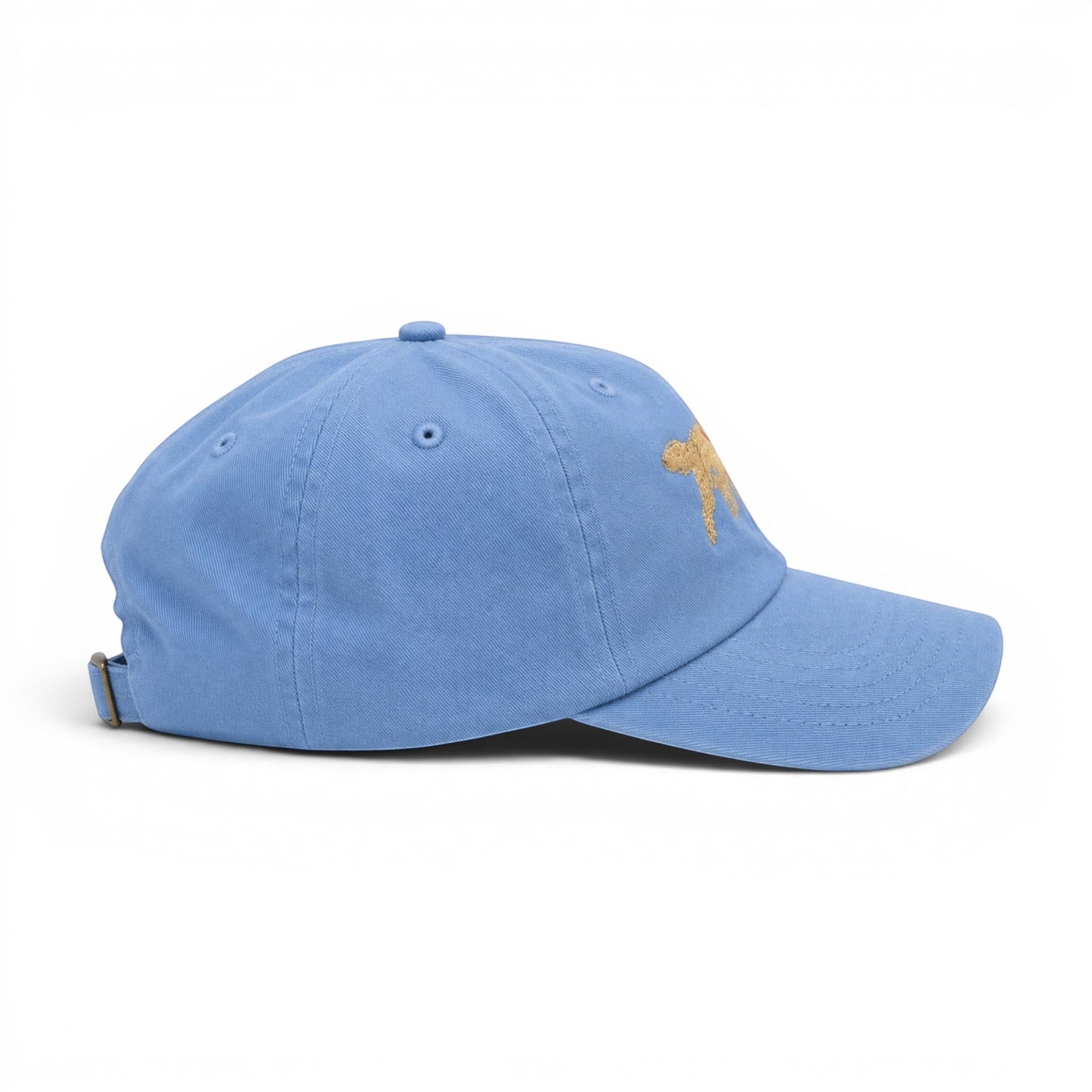 Mad Capper blue cotton baseball cap with embroidered golden doodle carrying American flag. Adjustable snapback.