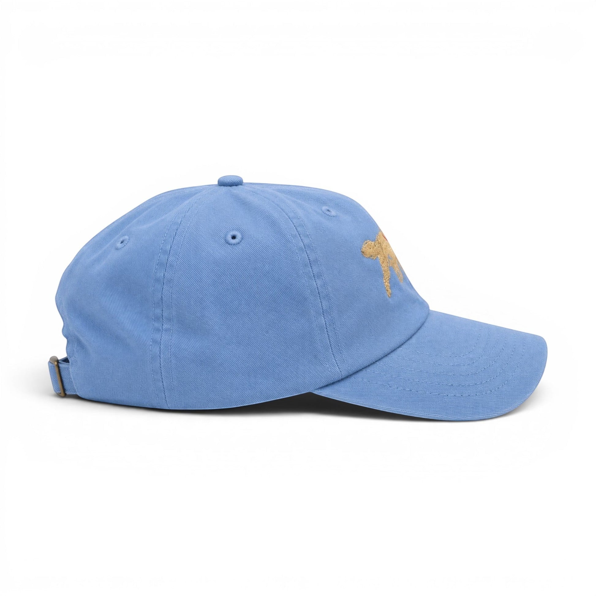 Mad Capper blue cotton baseball cap with embroidered golden doodle carrying American flag. Adjustable snapback.