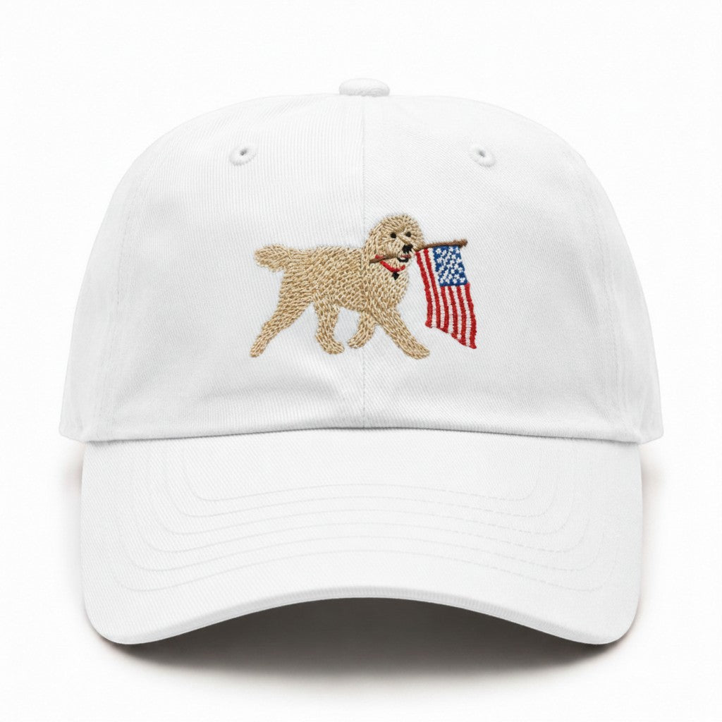 Mad Capper white snapback hat featuring an embroidered golden doodle dog carrying an American flag.