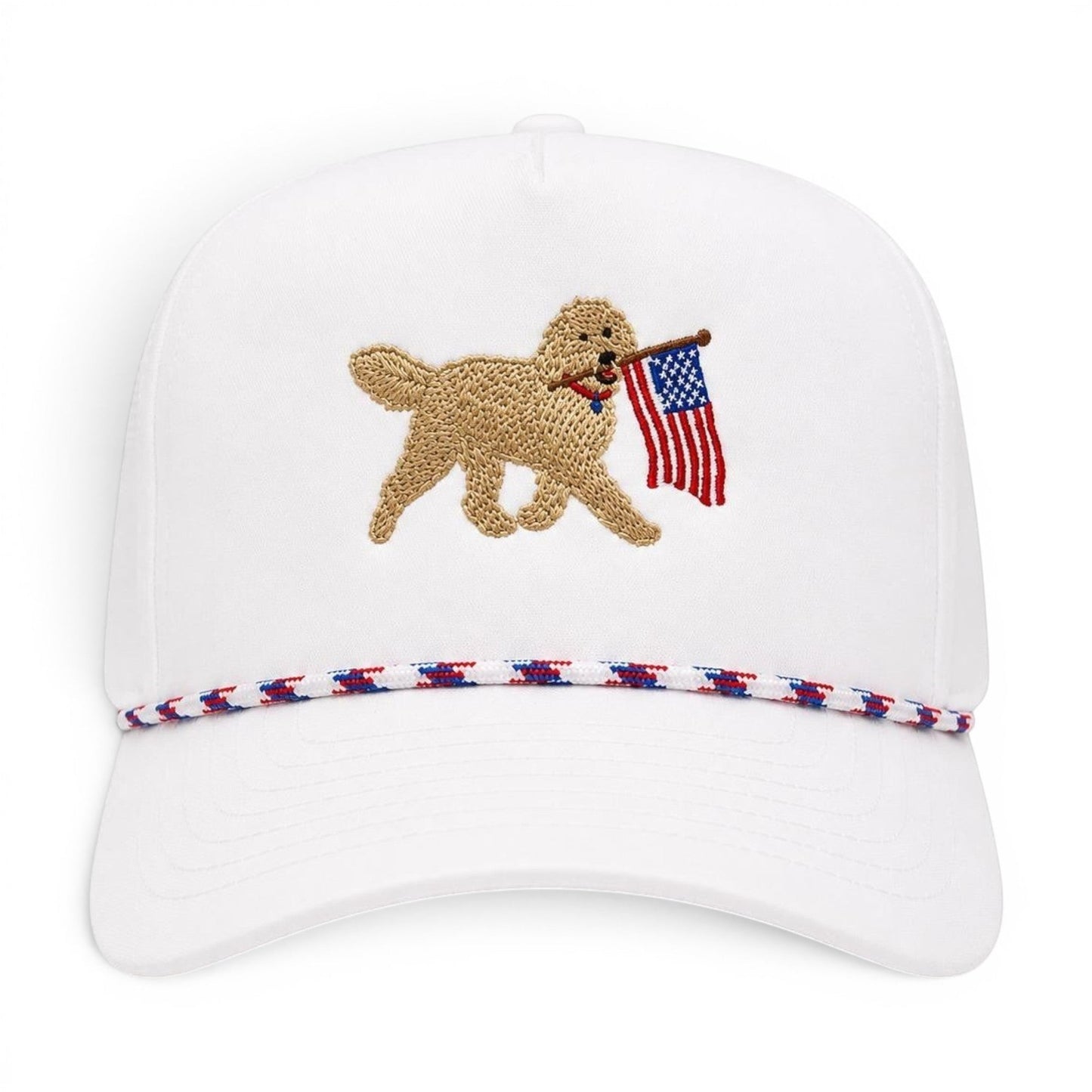 Mad Capper white snapback hat with embroidered golden doodle carrying American flag and red, white & blue rope detail.