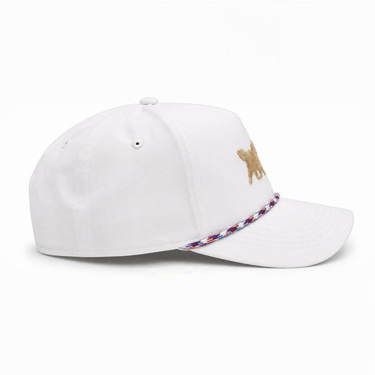 Mad Capper white Imperial snapback hat with embroidered golden doodle carrying American flag and red, white & blue rope detail.