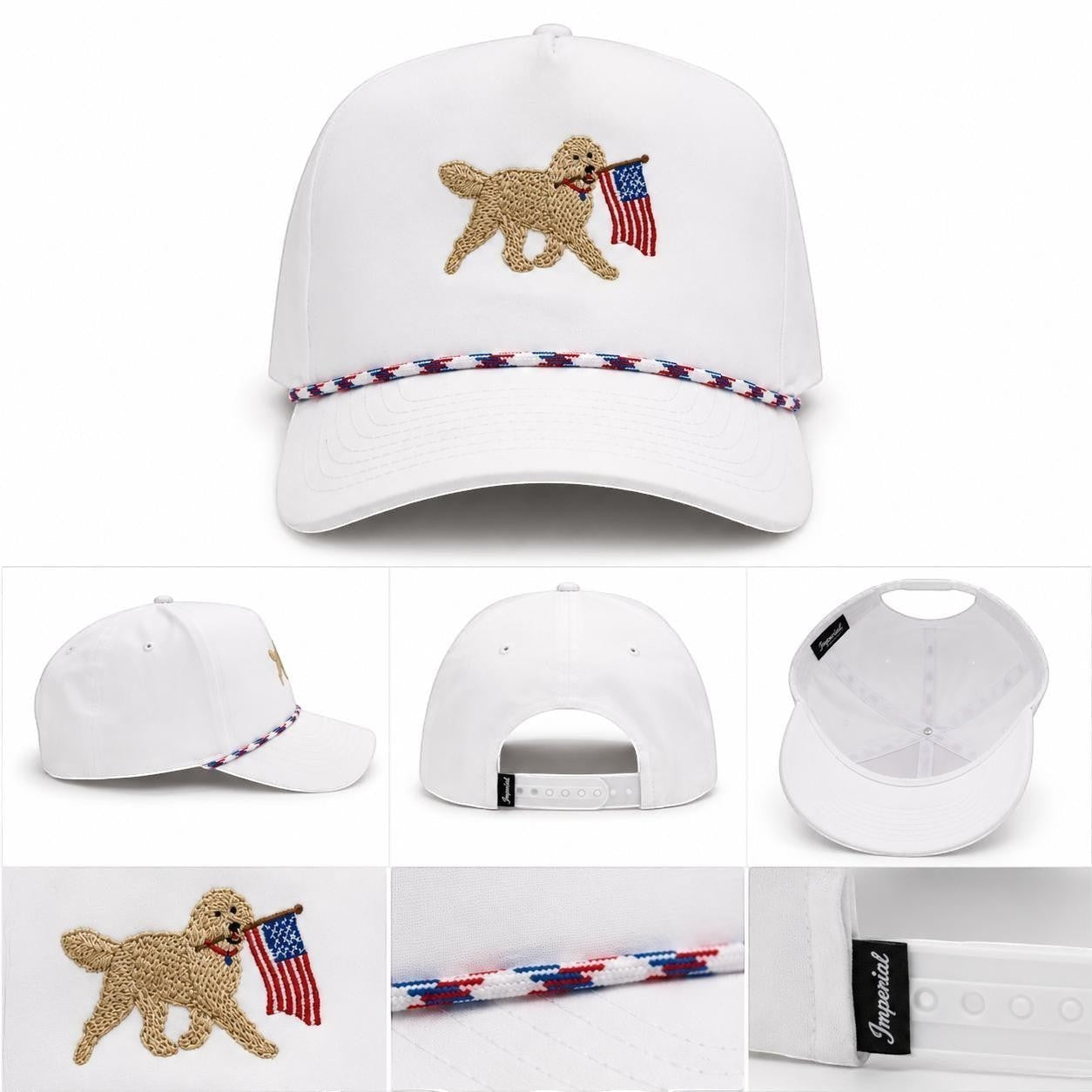 Mad Capper white Imperial snapback hat with embroidered golden doodle carrying American flag and red, white & blue rope detail.