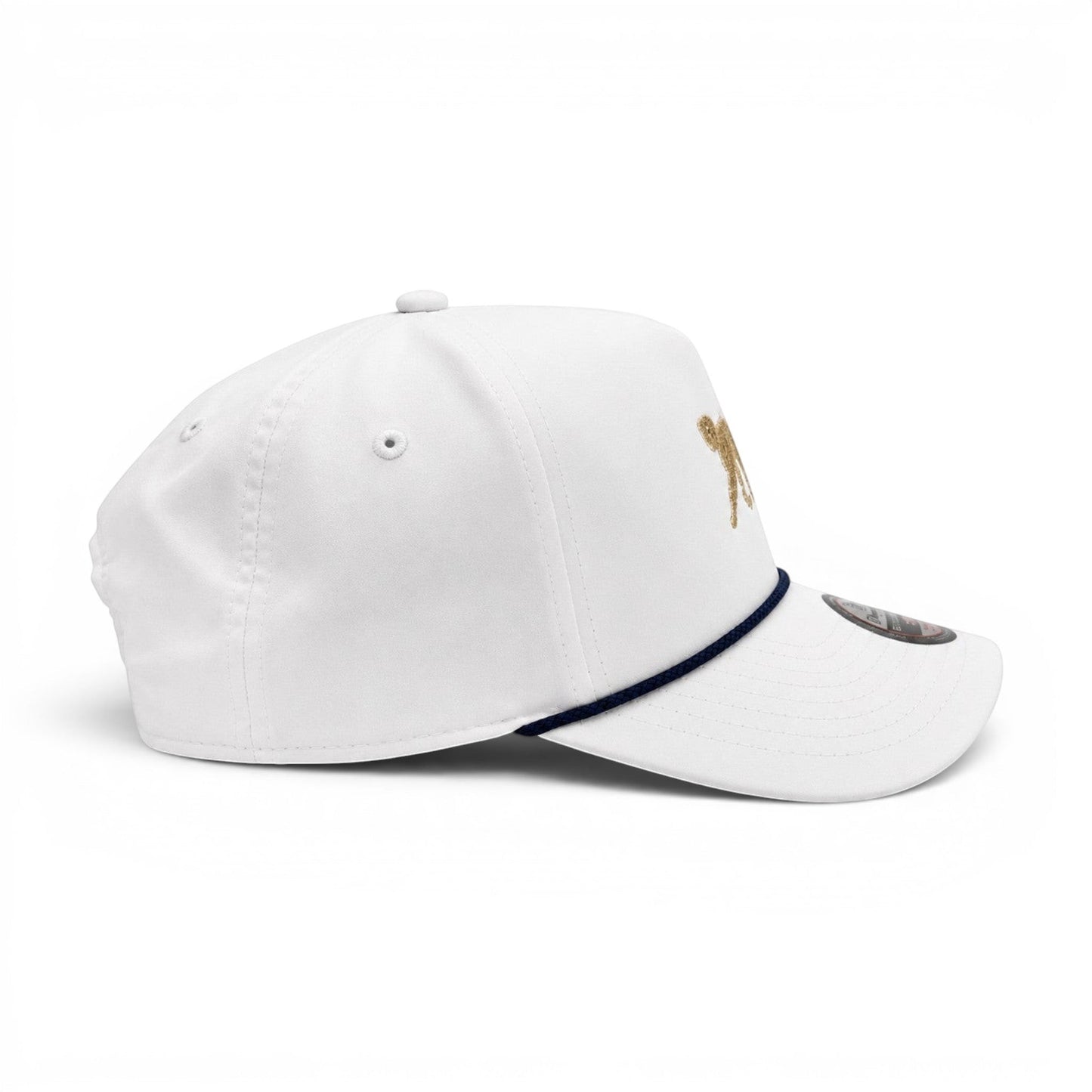 Mad Capper white Imperial snapback hat with embroidered golden doodle and American flag detail. Red, white & blue rope.