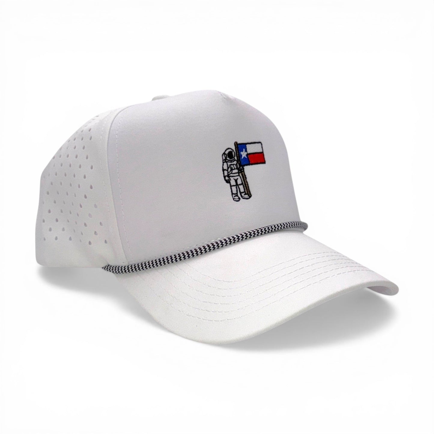 Mad Capper white rope cap with astronaut holding Texas flag embroidery and perforated sides. Adjustable snapback.