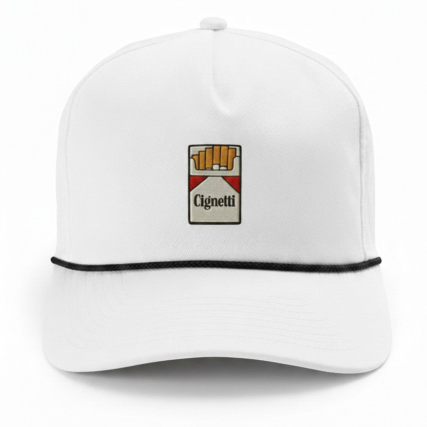 Mad Capper white baseball cap with embroidered cigarette pack featuring "Cignetti" text and a black rope detail.