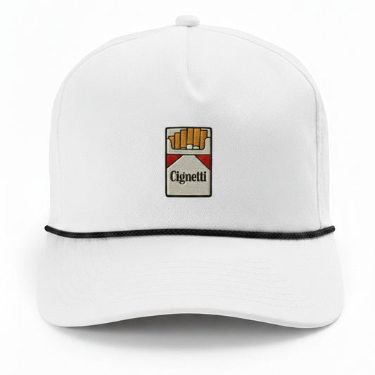 Mad Capper white baseball cap with embroidered cigarette pack featuring "Cignetti" text and a black rope detail.