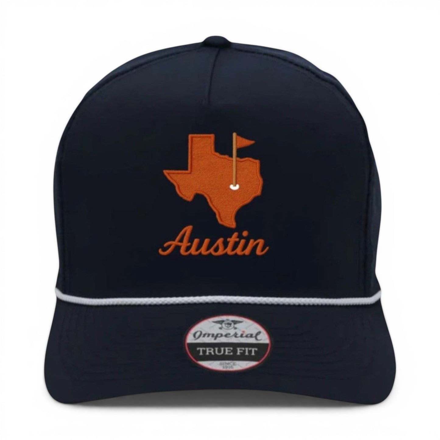 Mad Capper navy blue trucker cap with embroidered orange Texas map and Austin text. Features a white rope detail and adjustable snapback.