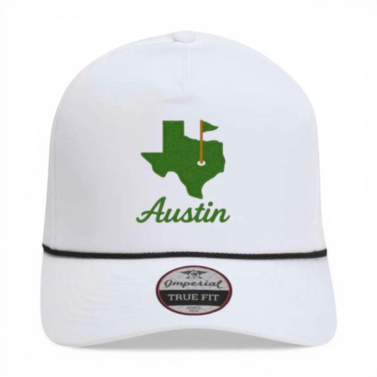 Mad Capper white trucker cap with embroidered green Texas map logo and Austin text, black rope detail.