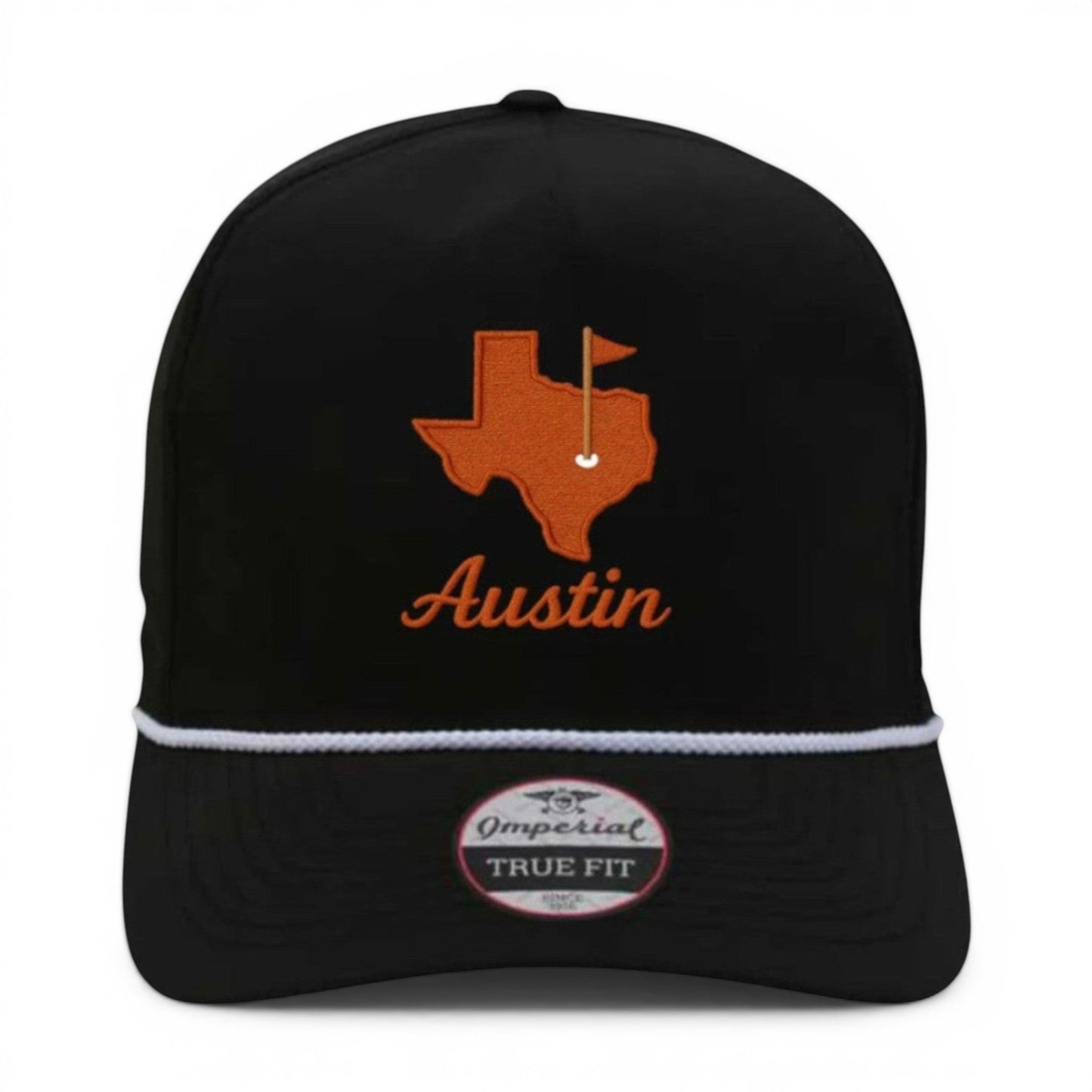 Mad Capper black trucker cap with embroidered orange Texas map logo and Austin text, white rope detail.