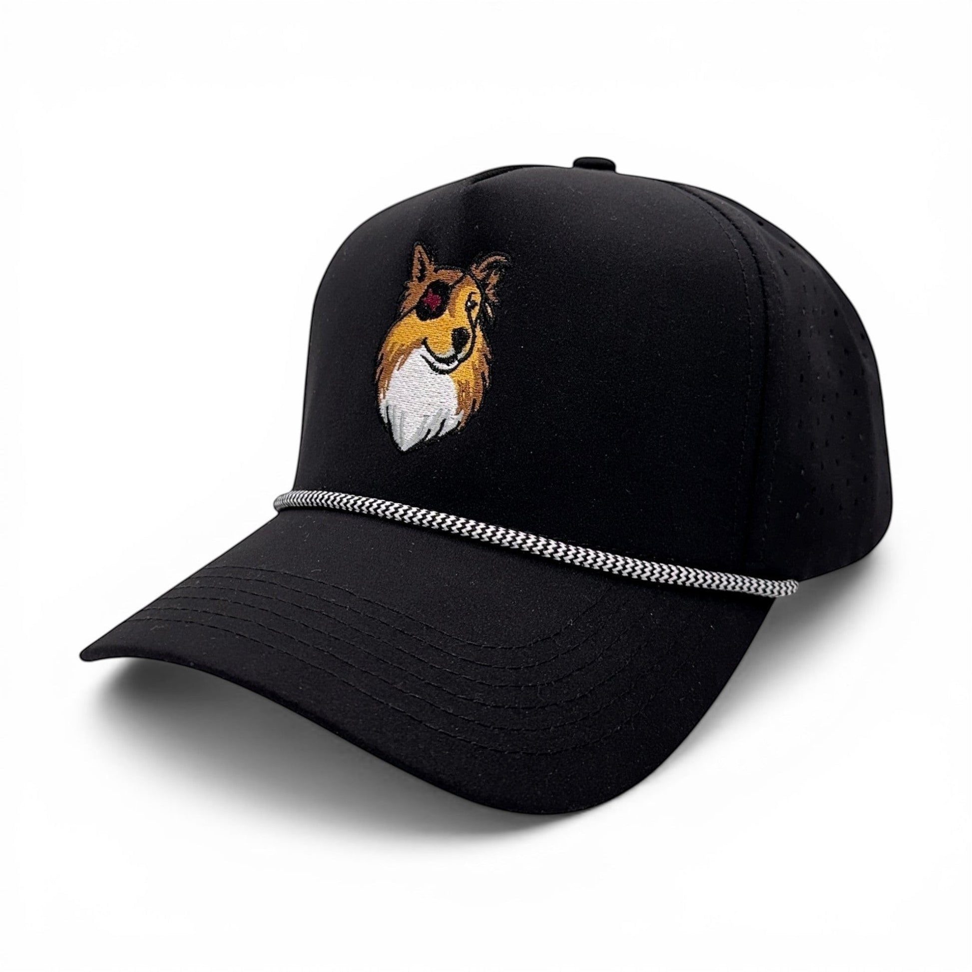 Mad Capper black rope trucker hat with embroidered dog logo and adjustable snapback closure.