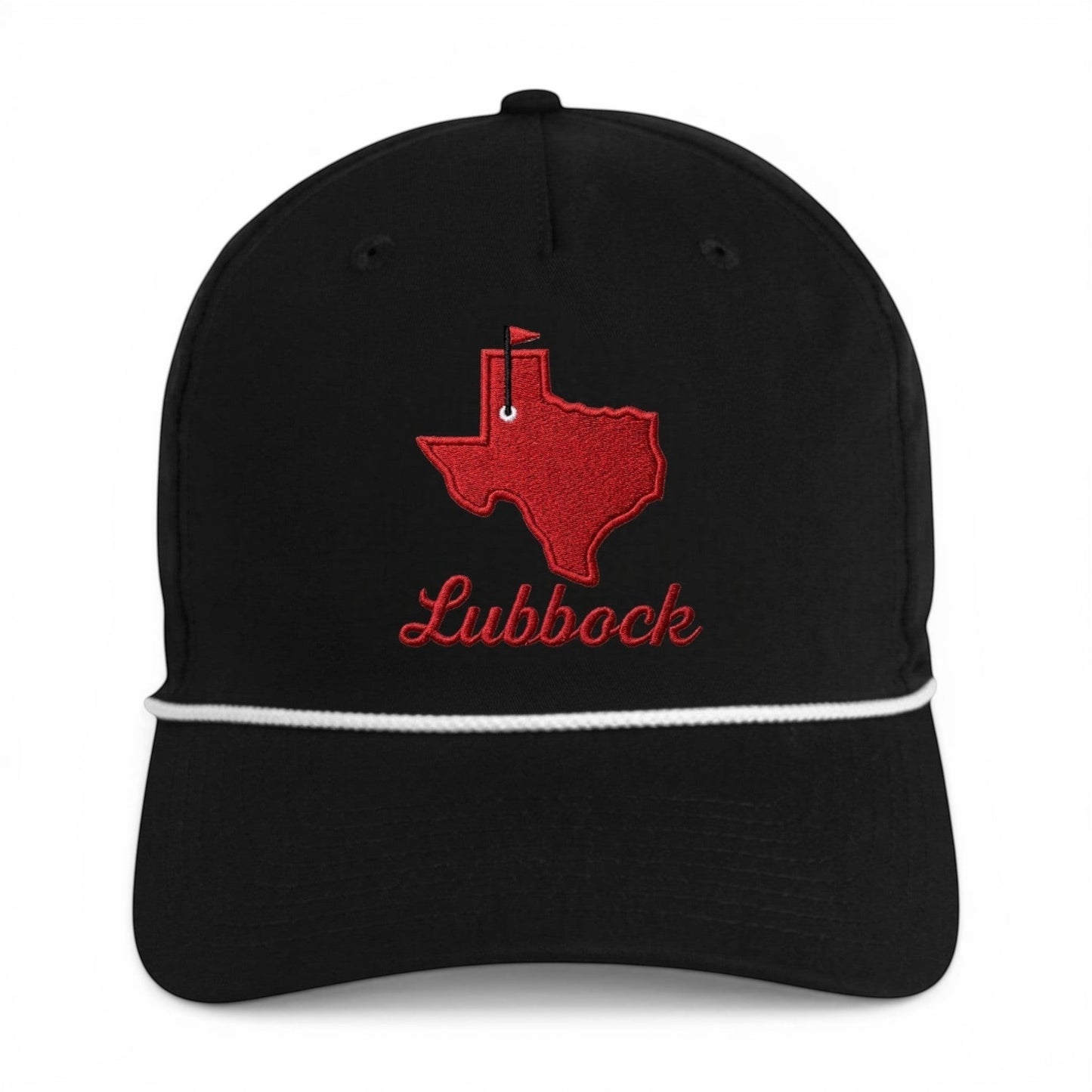 Mad Capper black trucker hat with red Texas outline embroidery and "Lubbock" text. Features rope detail and mesh back.