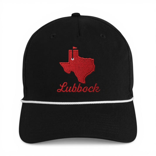 Mad Capper black trucker hat with red Texas outline embroidery and "Lubbock" text. Features rope detail and mesh back.