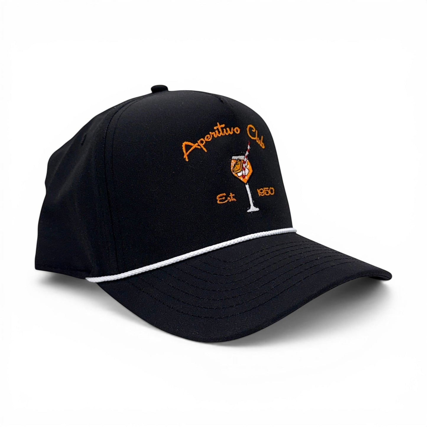Mad Capper black rope hat with embroidered cocktail glass and "Aperitivo Club Est. 1950" text.