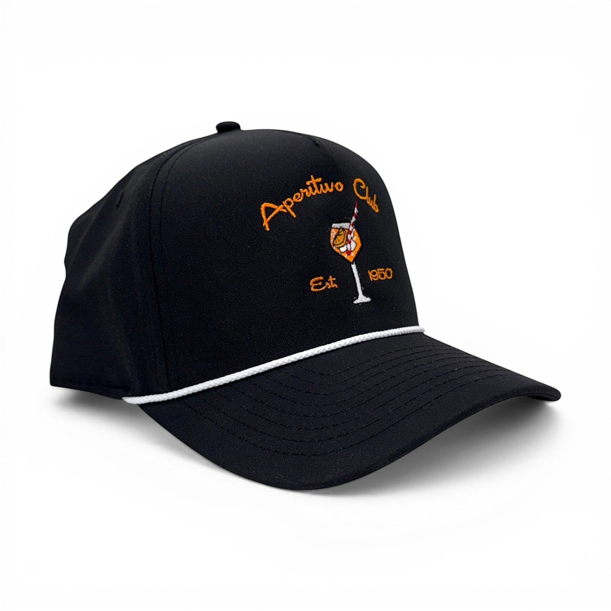Mad Capper black rope hat with embroidered cocktail glass and "Aperitivo Club Est. 1950" text.