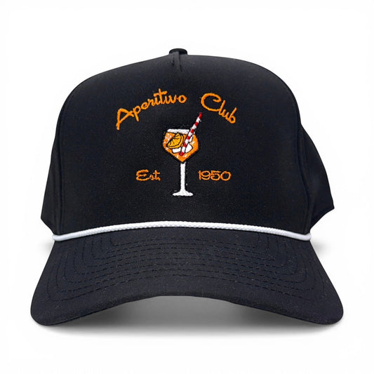Mad Capper black rope hat with embroidered cocktail glass, citrus, and straw. Adjustable snapback closure.