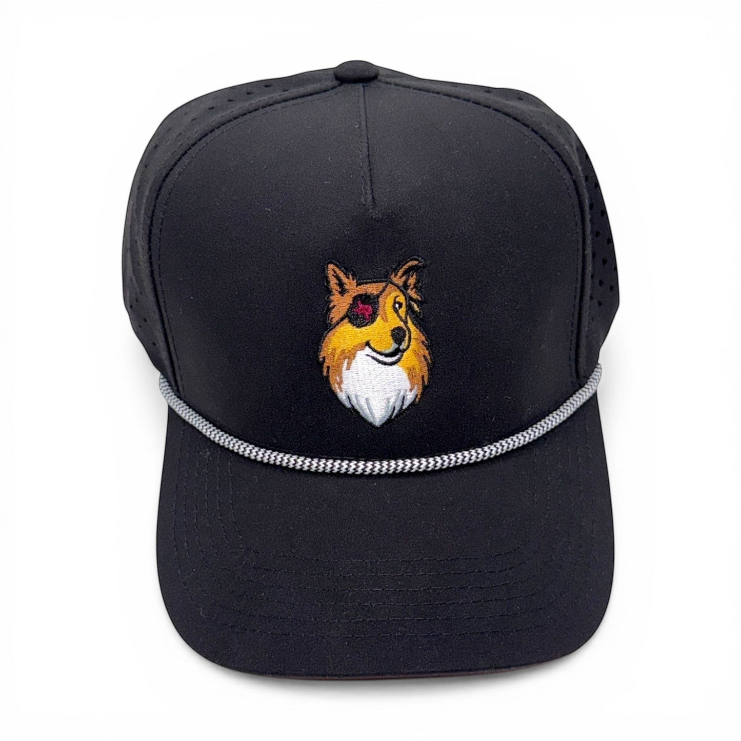 Mad Capper black rope trucker hat with embroidered dog logo and adjustable snapback closure.