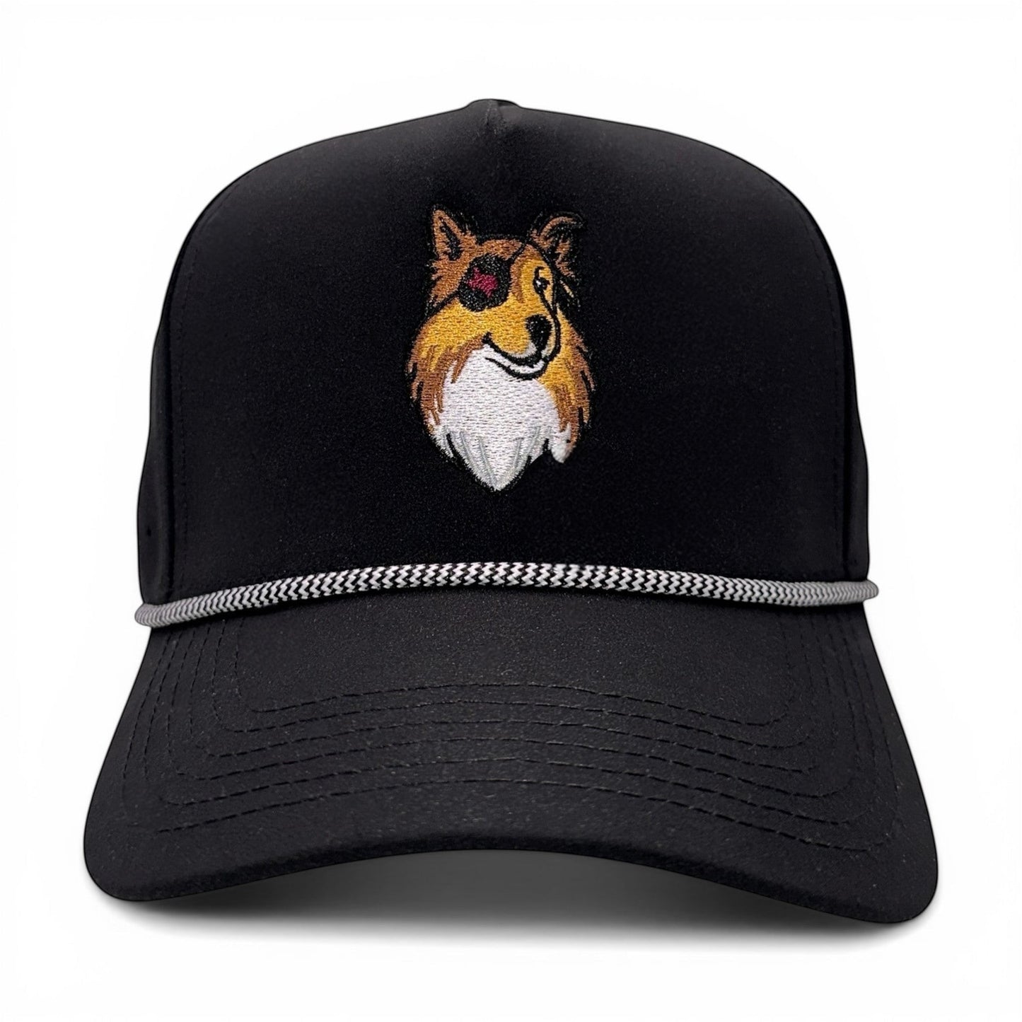 Mad Capper black rope trucker hat with embroidered dog logo and adjustable snapback closure.