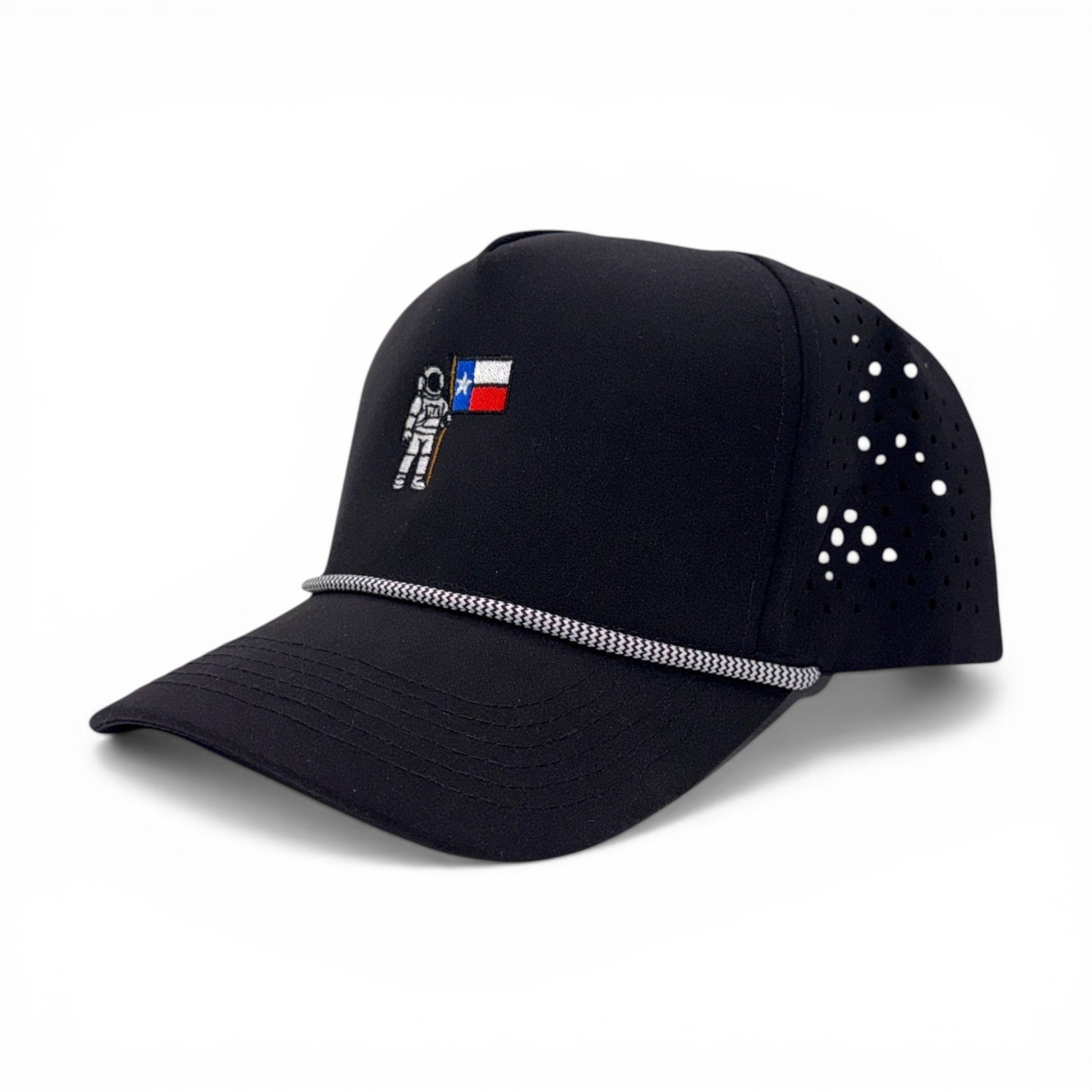 Mad Capper black rope cap with astronaut and Texas flag embroidery, perforated sides, and adjustable snapback.
