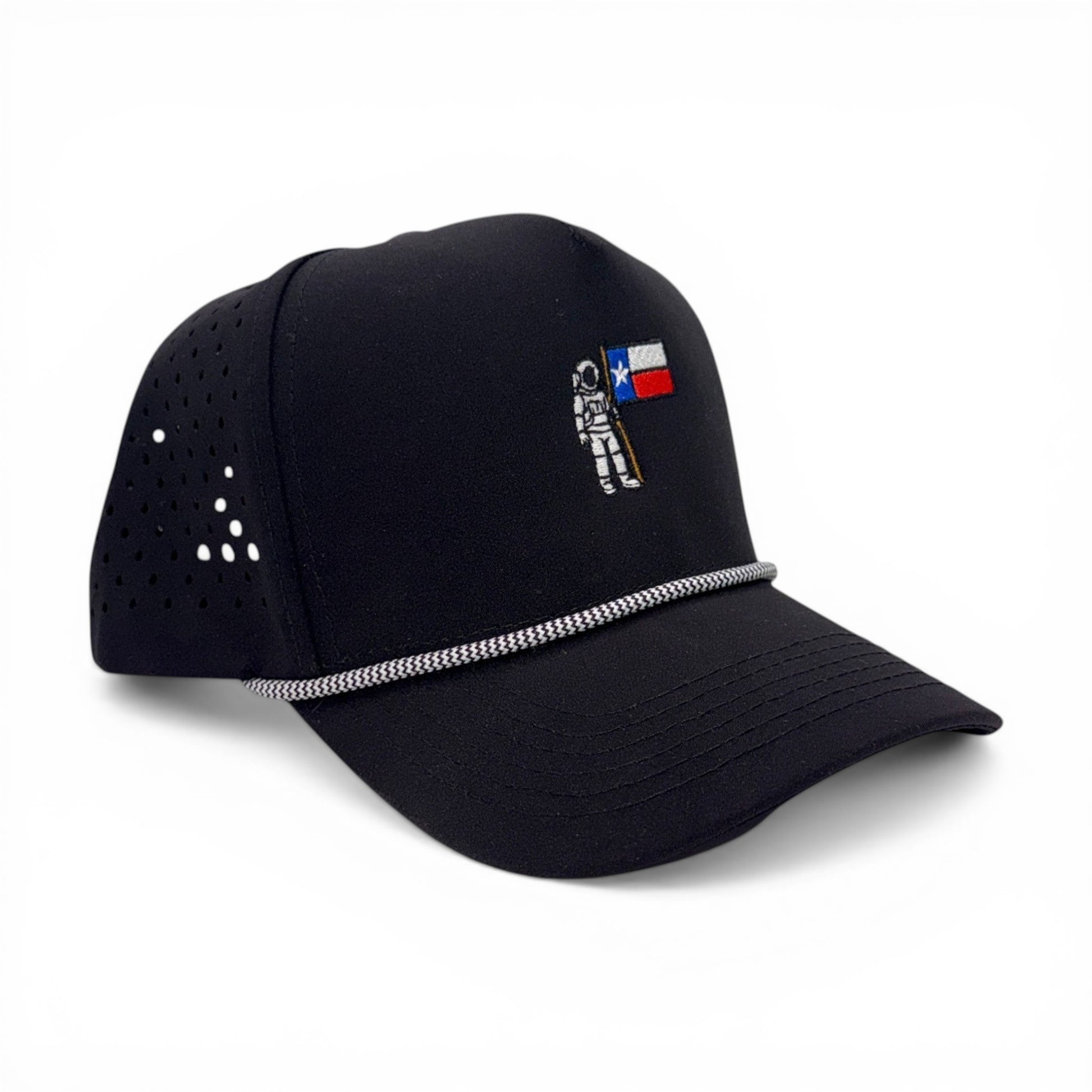 Mad Capper black rope cap with astronaut holding Texas flag embroidery and perforated side panels.