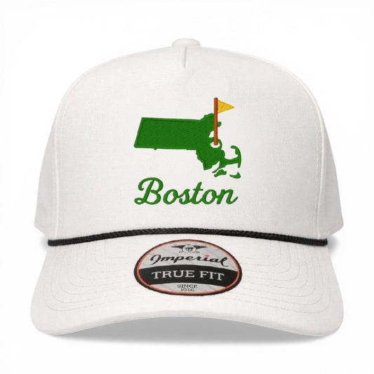 Mad Capper white 5-panel cap with green Massachusetts map, yellow flag, and Boston script embroidery.