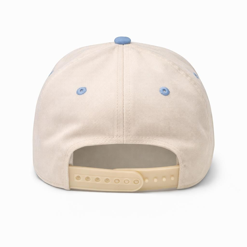 Mad Capper Cali Cup of Gold tan and baby blue rope cap with adjustable snapback and embroidered California Poppy detail.
