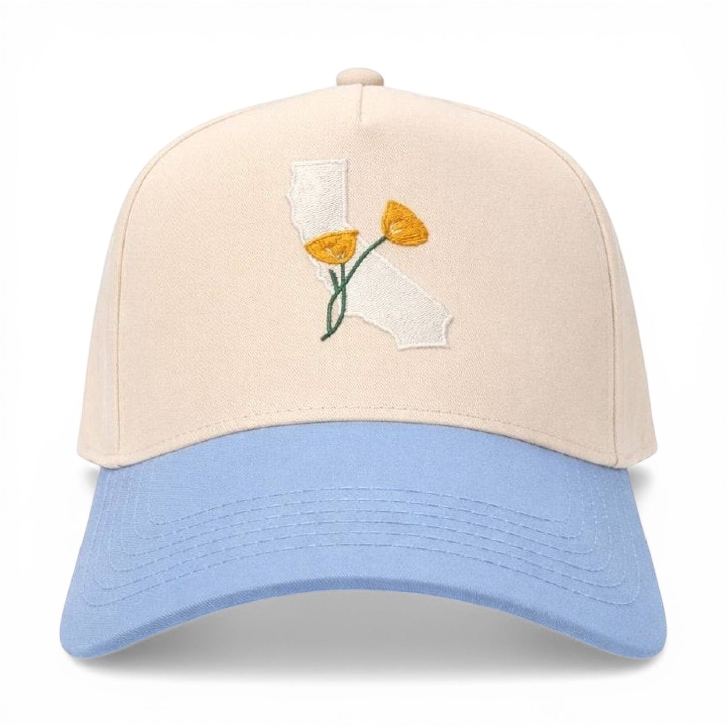 Mad Capper Cali Cup of Gold hat: tan crown, baby blue brim, California outline with embroidered poppies. Adjustable snapback.