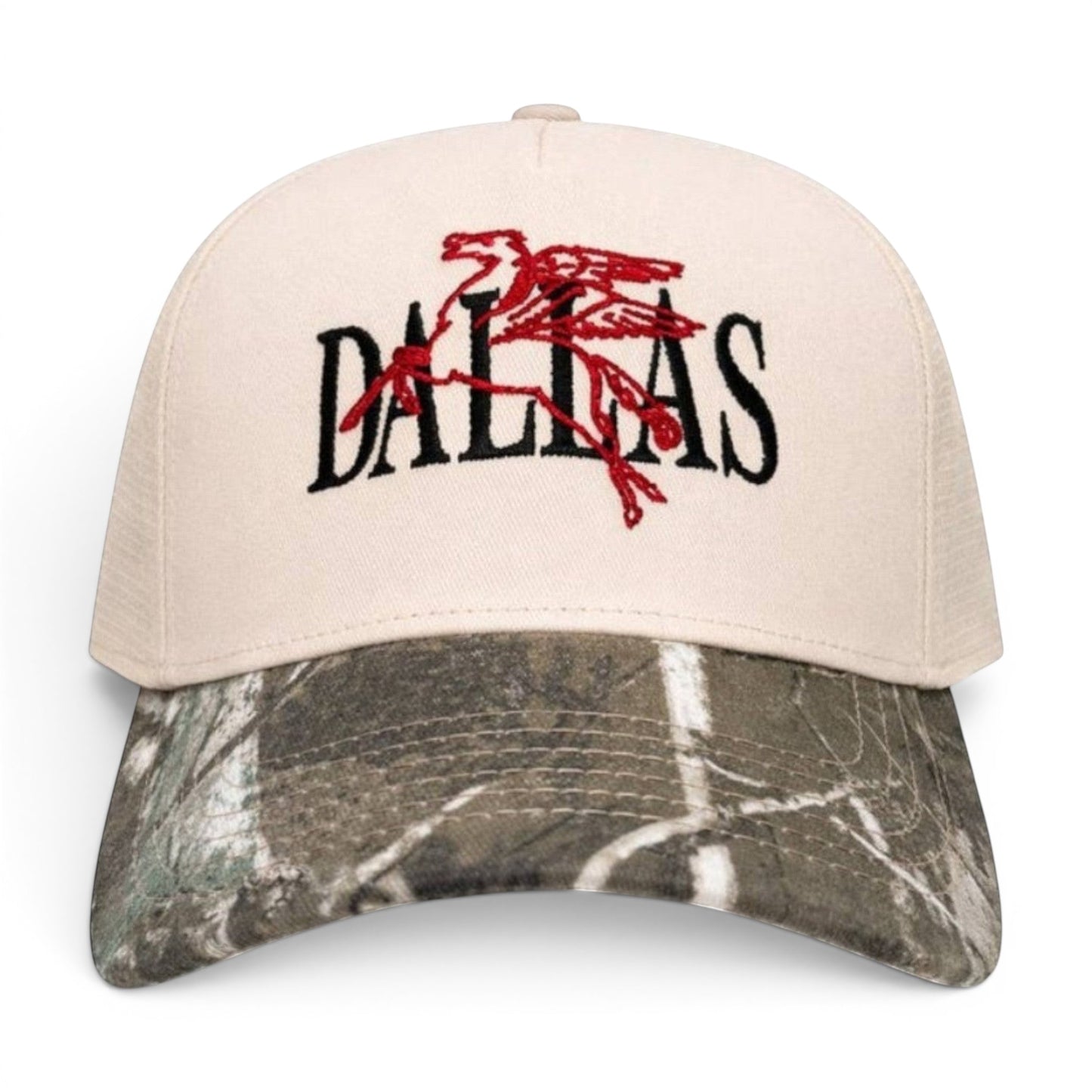 Mad Capper Dallas Pegasus embroidered trucker cap with camouflage brim and white front panel.