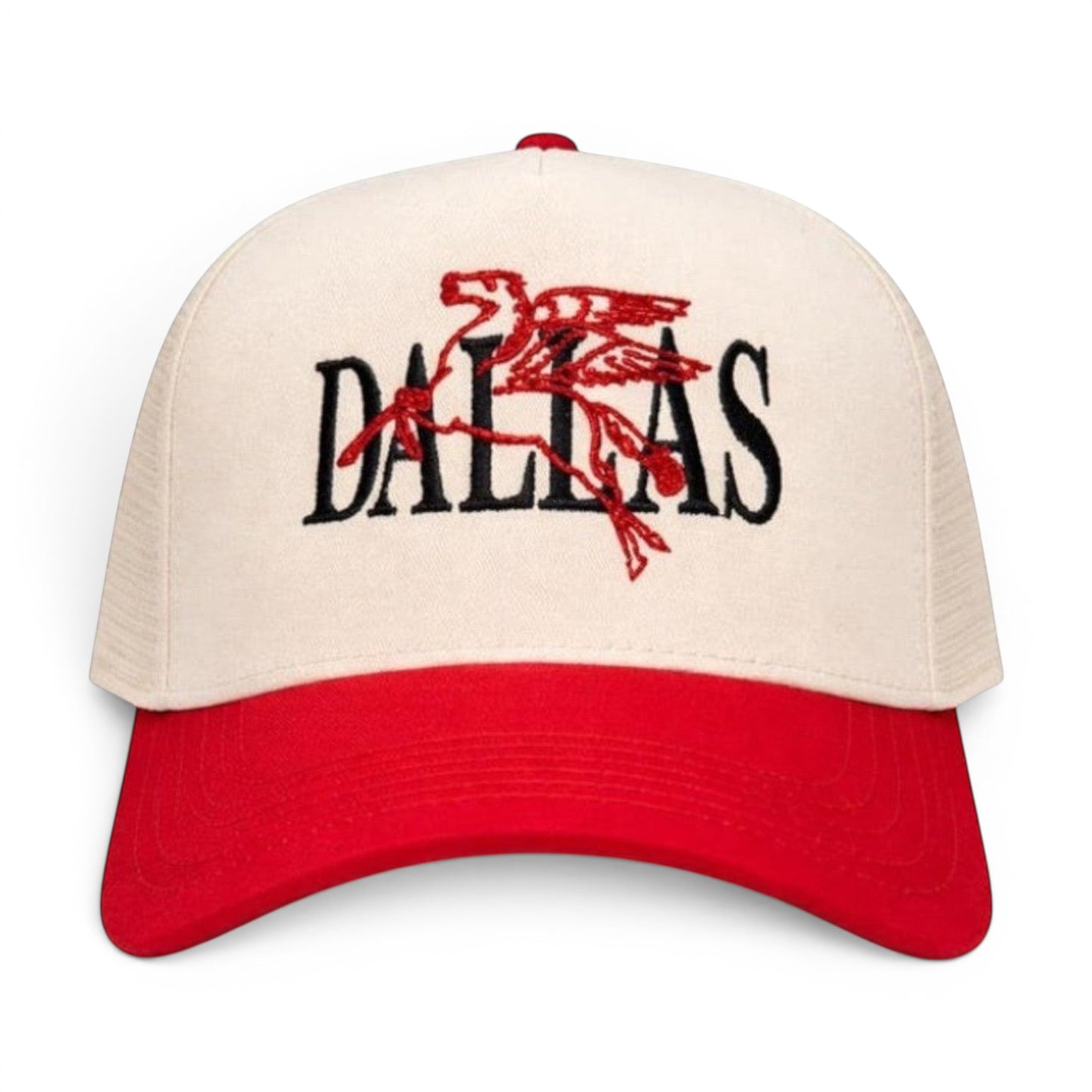 Mad Capper Dallas Pegasus trucker cap with red embroidery on cream front and red brim.