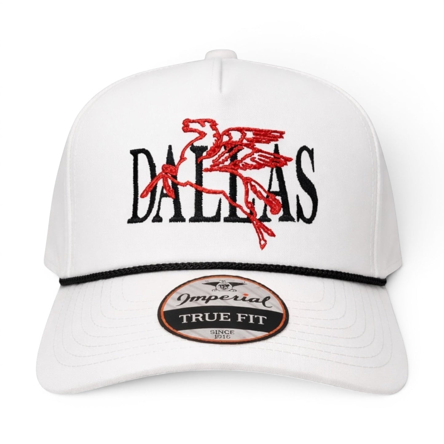 Mad Capper white Imperial Patriot rope cap with embroidered red Pegasus and Dallas text.
