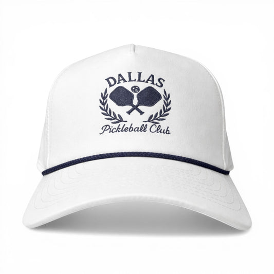 Mad Capper white 5-panel rope hat with embroidered Dallas Pickleball Club logo and navy trim. Adjustable snapback.