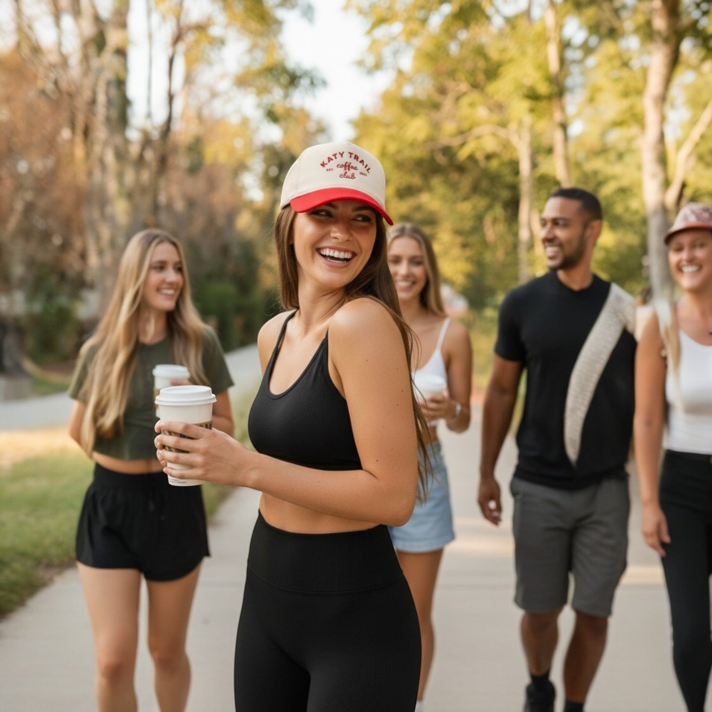 Mad Capper Katy Trail Coffee Club hat with embroidered logo, beige crown and red brim. Adjustable snapback closure.