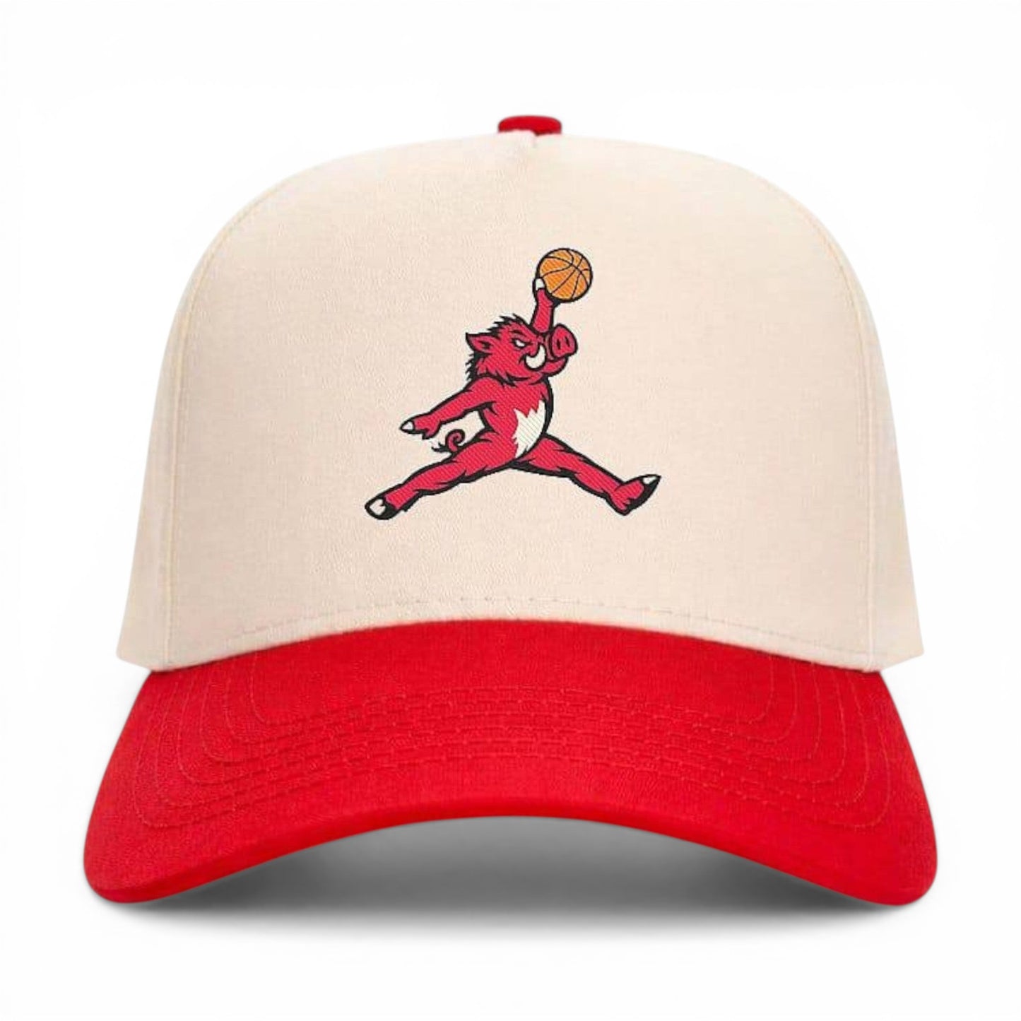 Mad Capper Lob Sooie Basketball Cap: Tan/cream structured cap with red brim and embroidered slam-dunk hog logo.