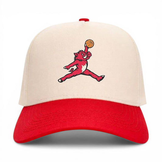 Mad Capper Lob Sooie Basketball Cap: Tan/cream structured cap with red brim and embroidered slam-dunk hog logo.