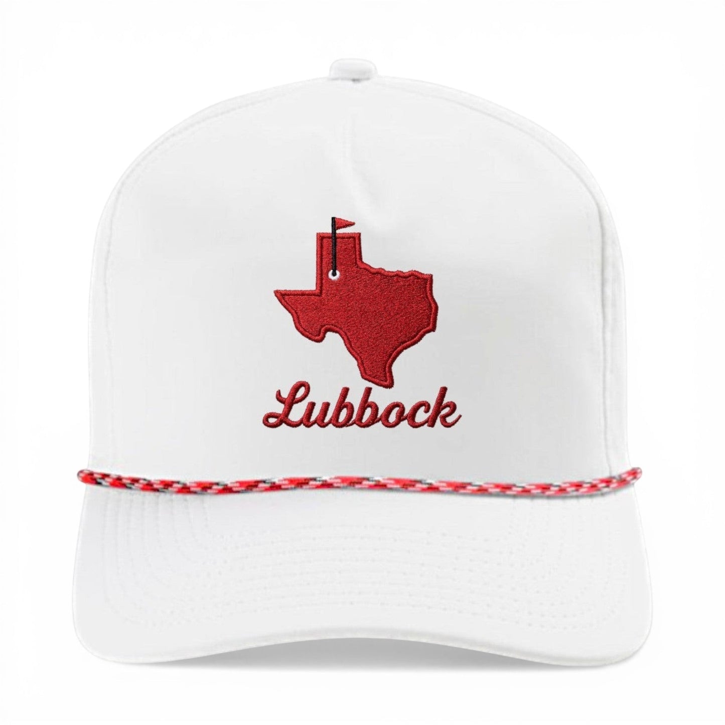 Mad Capper white trucker hat with red Texas outline embroidery and Lubbock text. Features a red, white, and black rope detail.