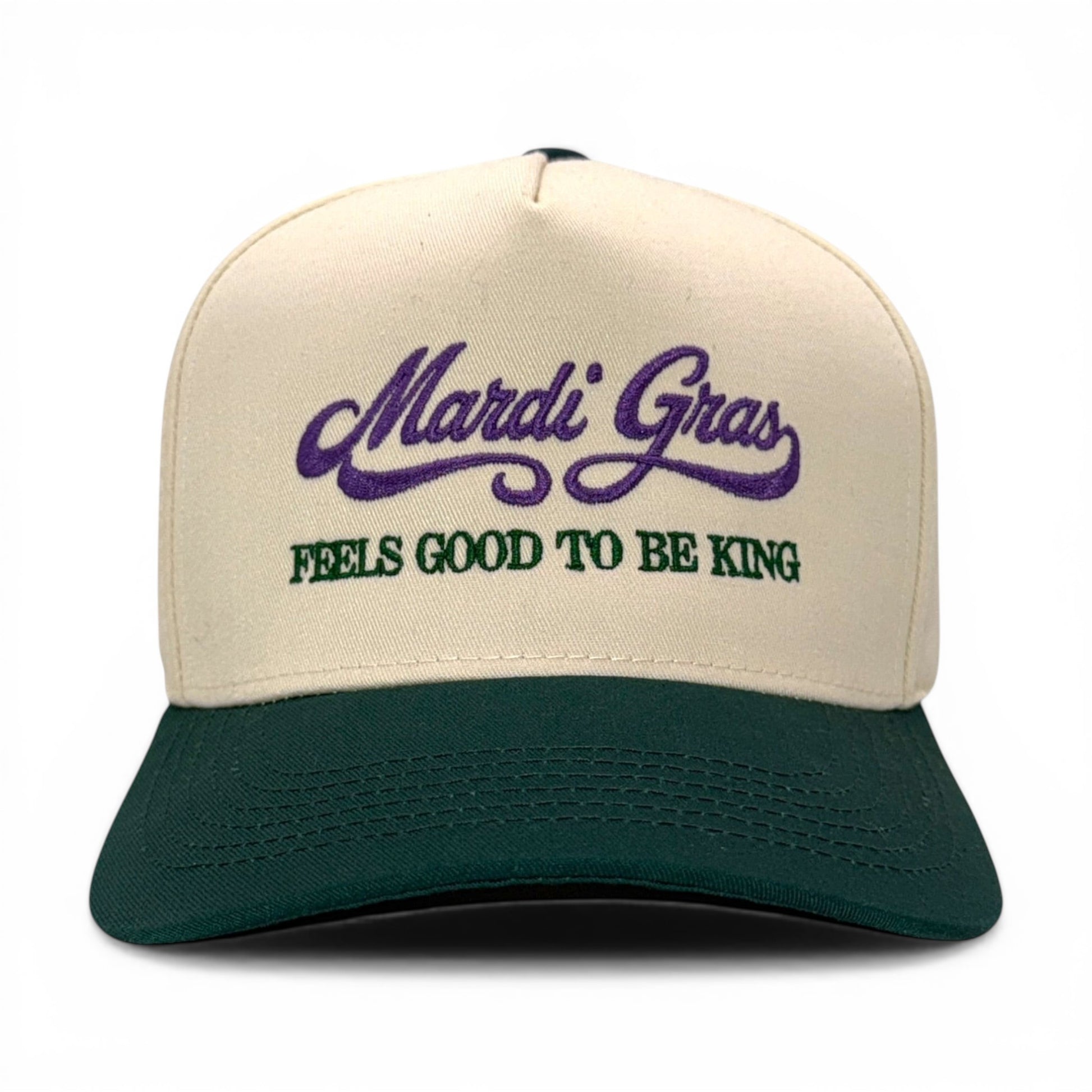 Mad Capper Mardi Gras King Hat in cream with purple and green embroidery. Adjustable fit.
