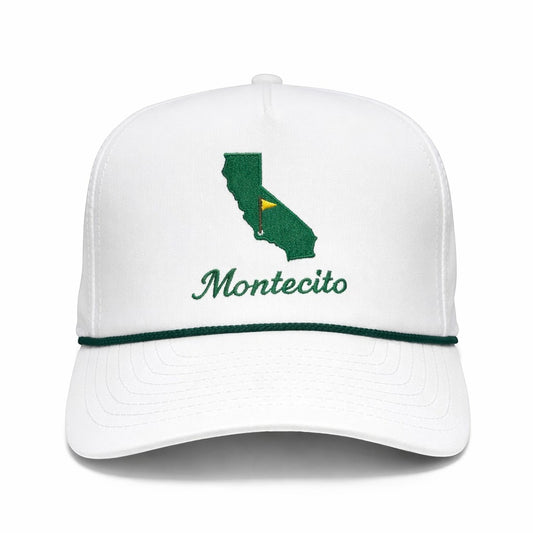 Mad Capper Montecito Gameday white baseball cap with California outline embroidered in green with a yellow golf flag and "Montecito" text.